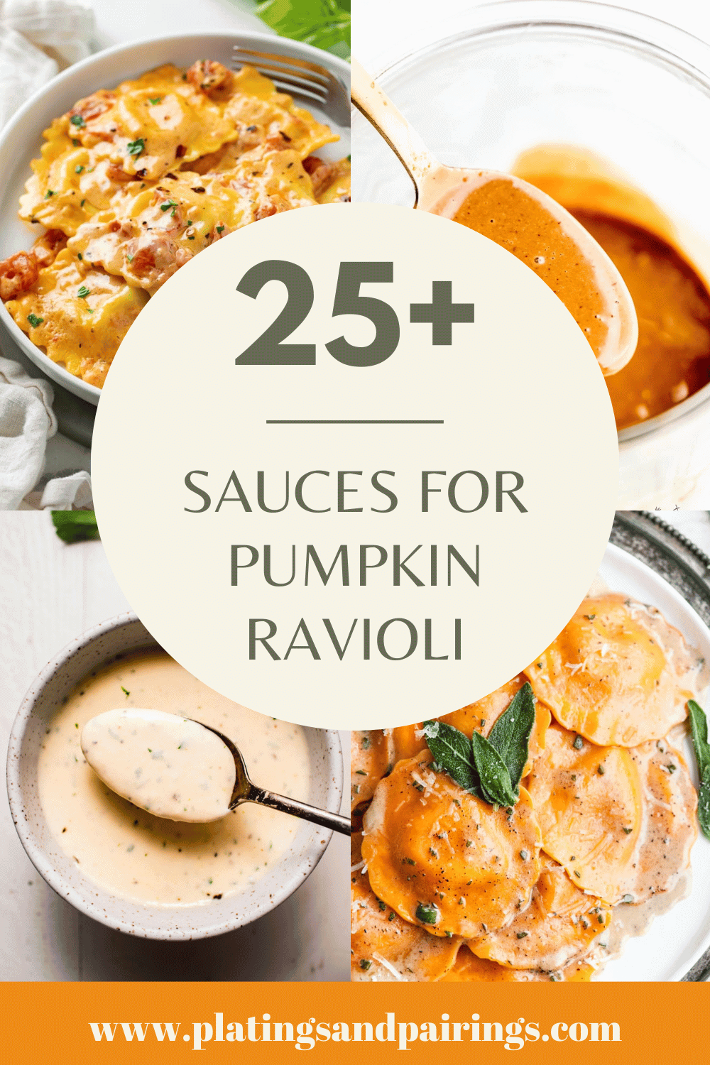 Collage of sauces for pumpkin ravioli with text overlay.