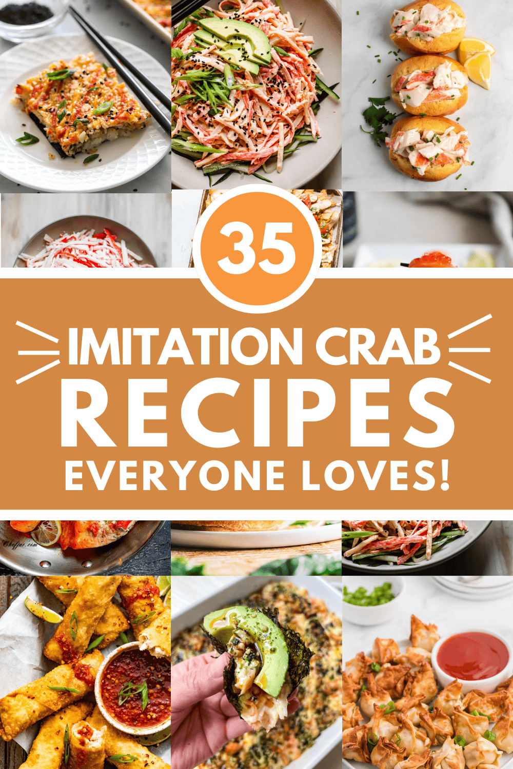 Collage of imitation crab recipes with text overlay.