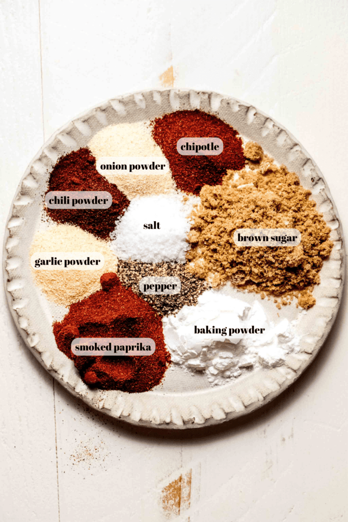 Ingredients for chicken wing dry rub labeled on plate. 