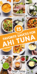 Collage of sauces for ahi tuna with text overlay.