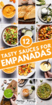 COLLAGE OF SAUCES FOR EMPANADAS WITH TEXT OVERLAY.