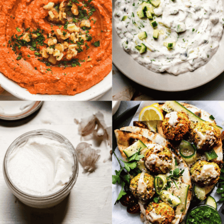 Collage of sauces for falafel.