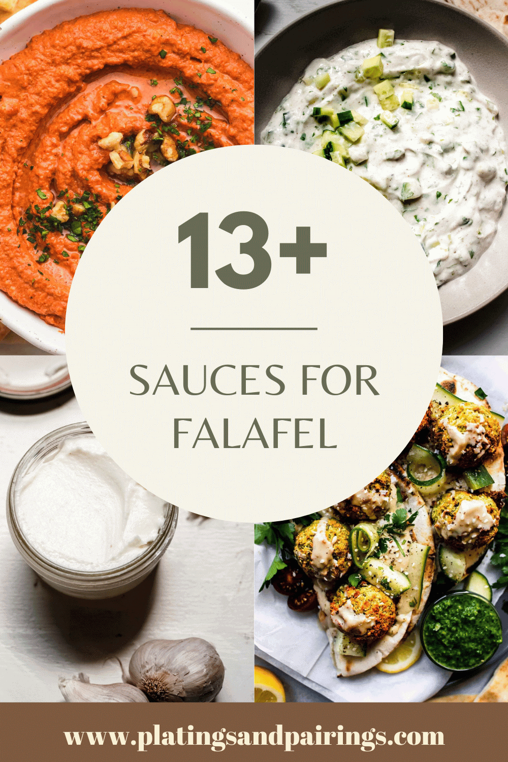 Collage of sauces for falafel with text overlay.