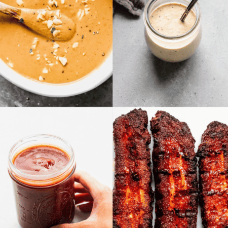 Collage of sauces for pork belly.