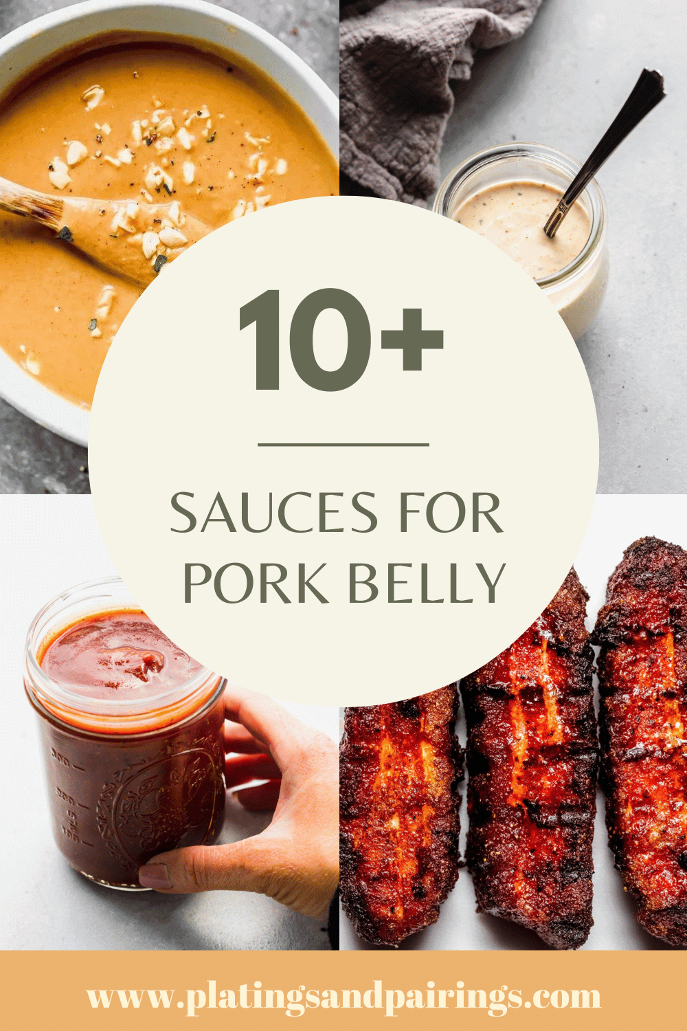 Collage of sauces for pork belly with text overlay.