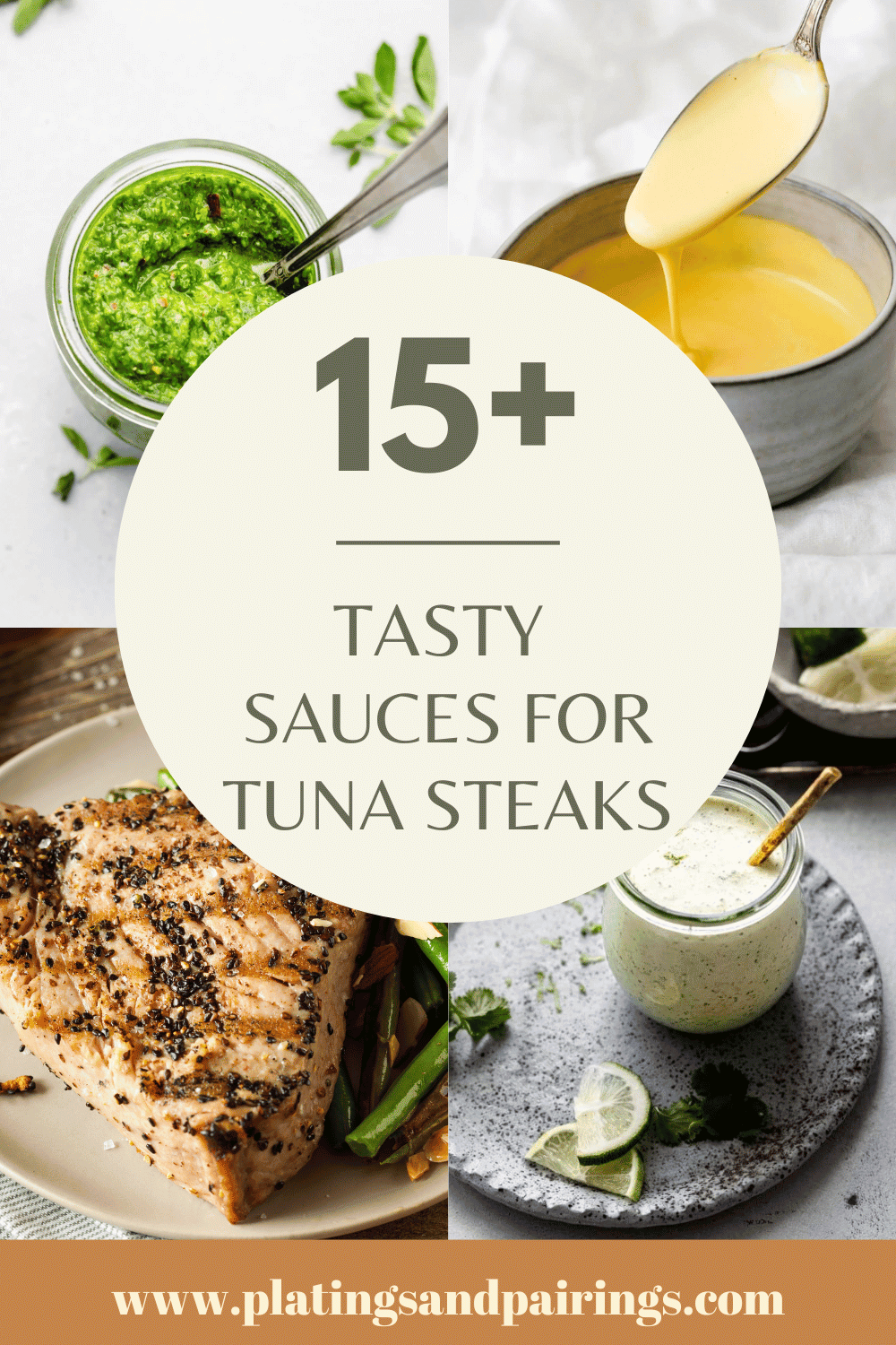 Collage of sauces for tuna steaks with text overlay.