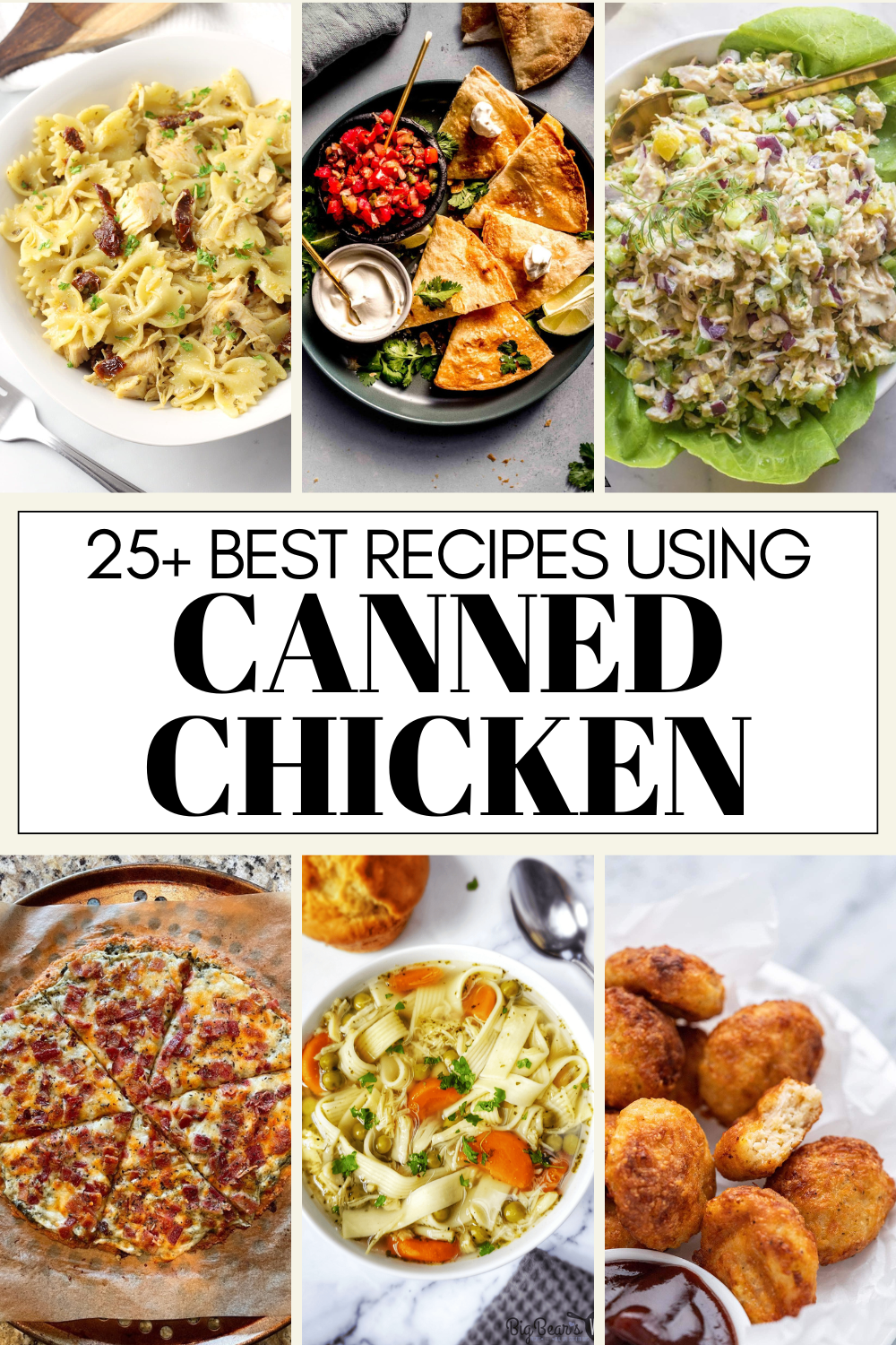 Collage of canned chicken recipes with text overlay.