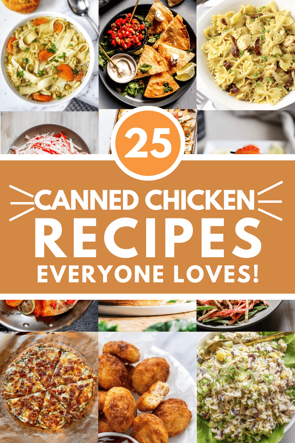 Collage of dishes to make with canned chicken with text overlay.
