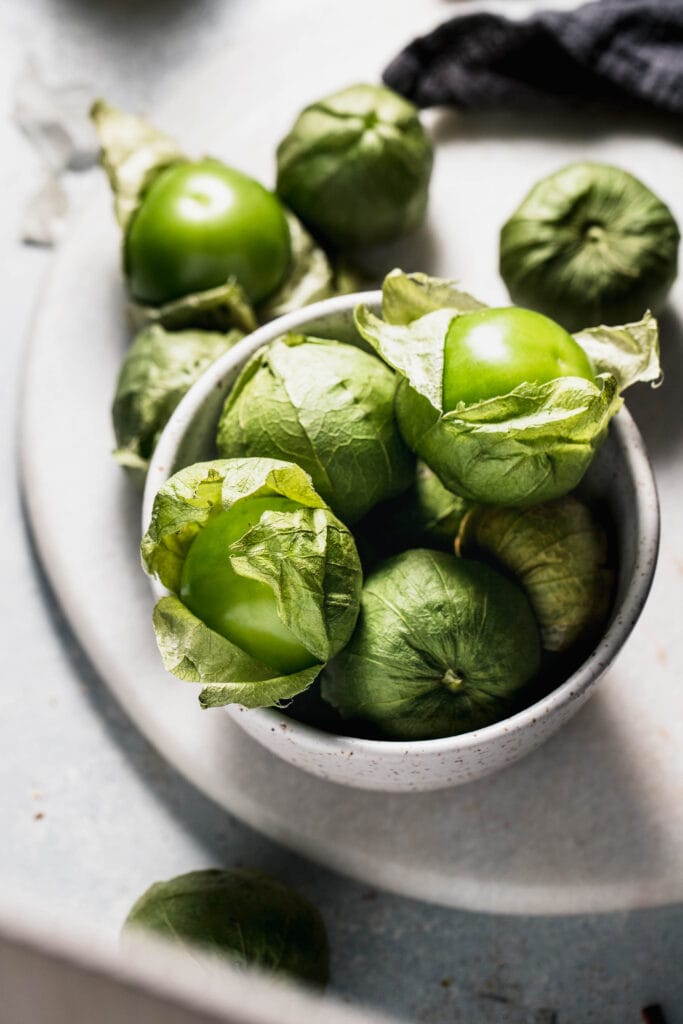 Tomatillos in small bowl. 