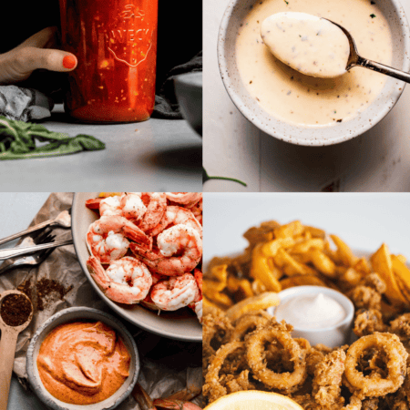 Collage of sauces for calamari.
