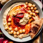 Overhead close up of bowl of harissa hummus.