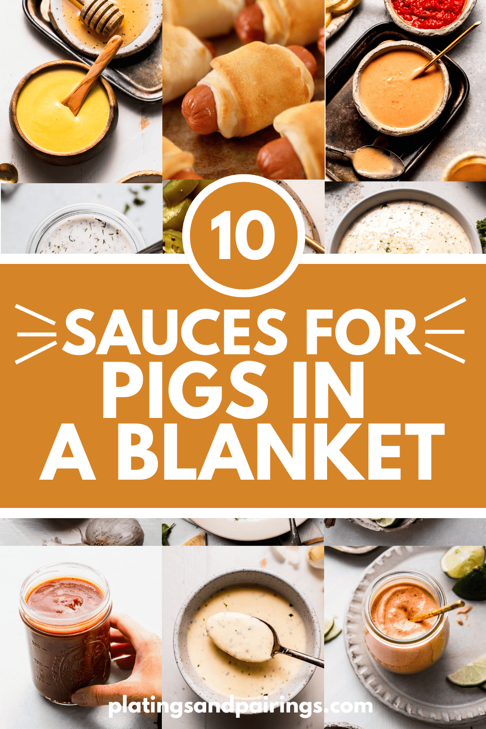 Collage of sauces for pigs in a blanket with text overlay.