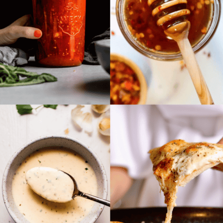 Collage of dipping sauces for pizza.