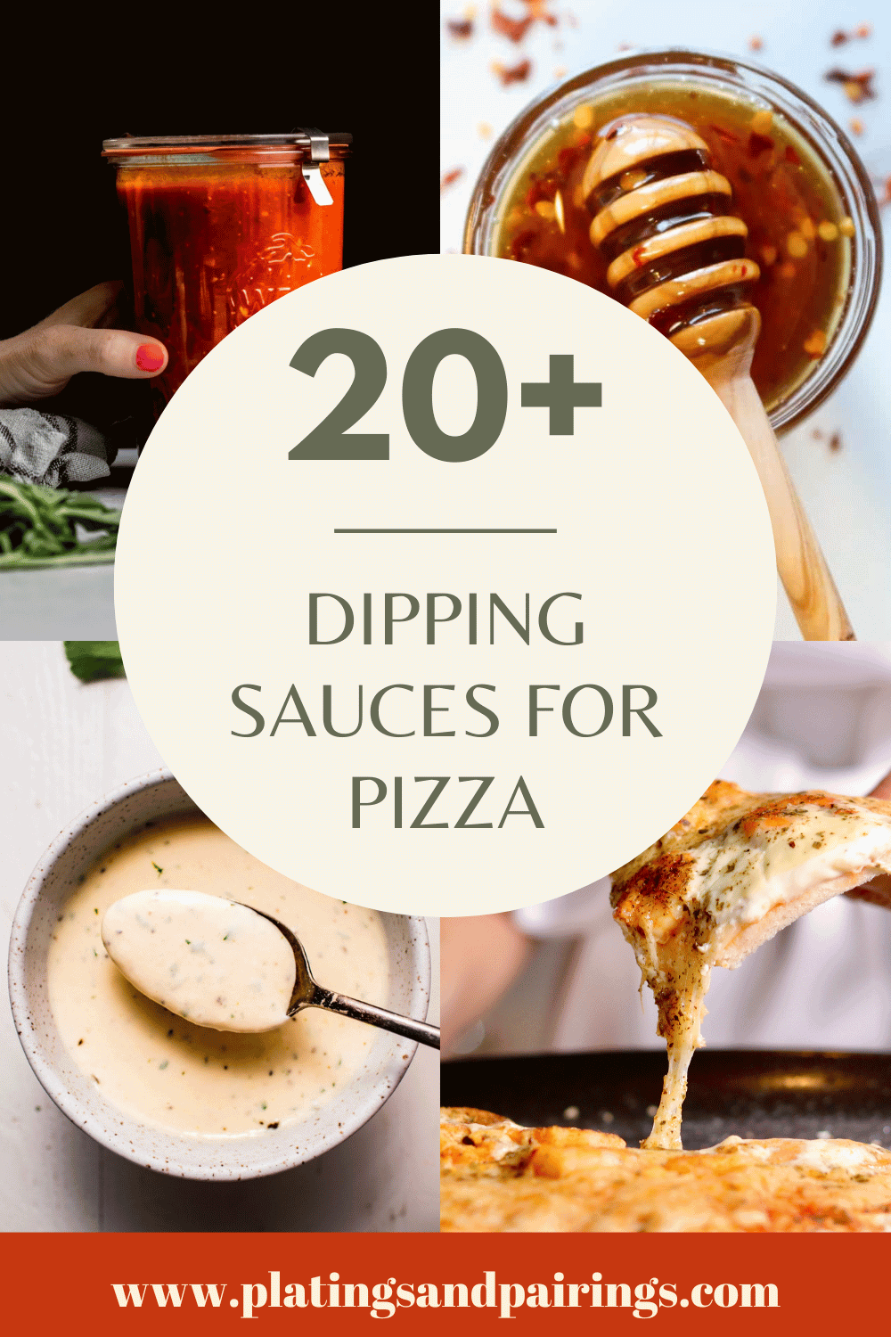 Collage of dipping sauces for pizza with text overlay.