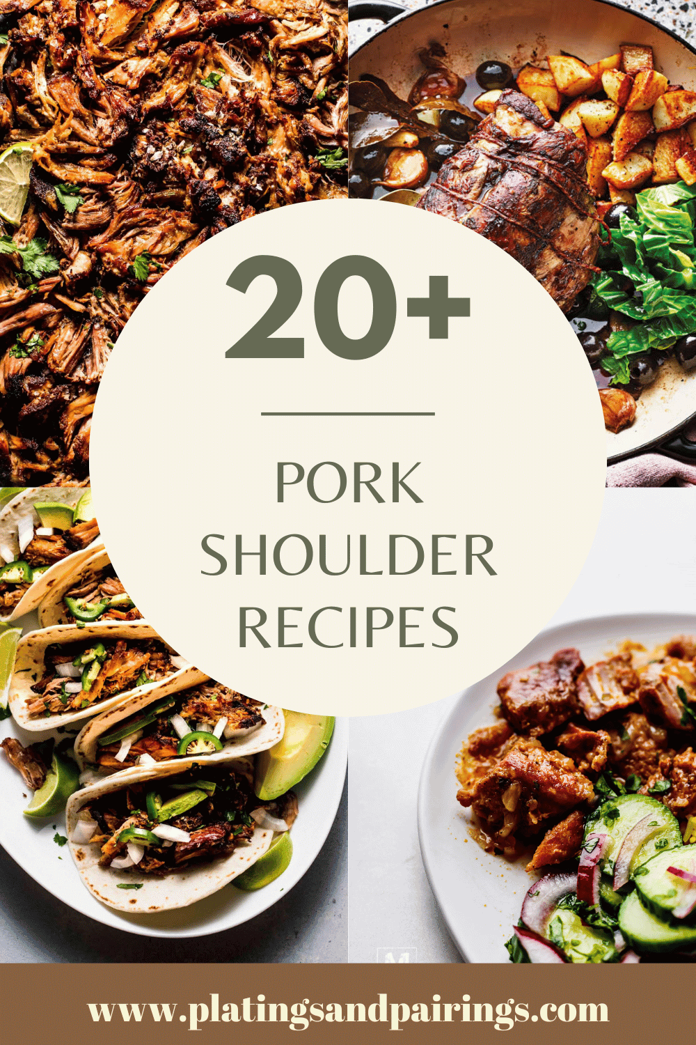 Collage of pork shoulder recipes with text overlay.