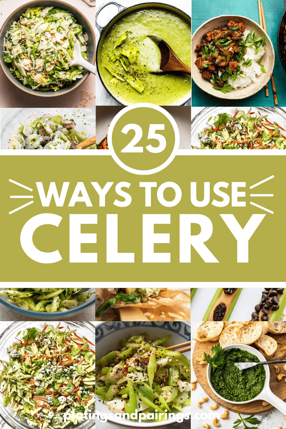 COLLAGE OF CELERY RECIPES WITH TEXT OVERLAY.