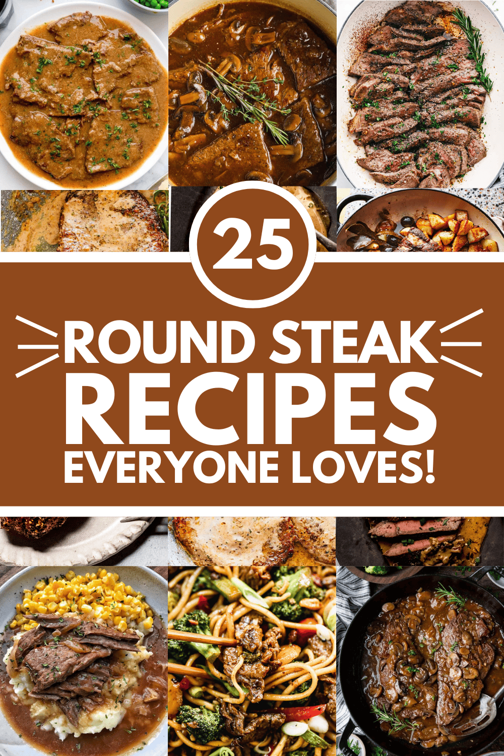 Collage of round steak recipes with text overlay.