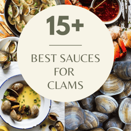 Collage of sauces for clams with text overlay.