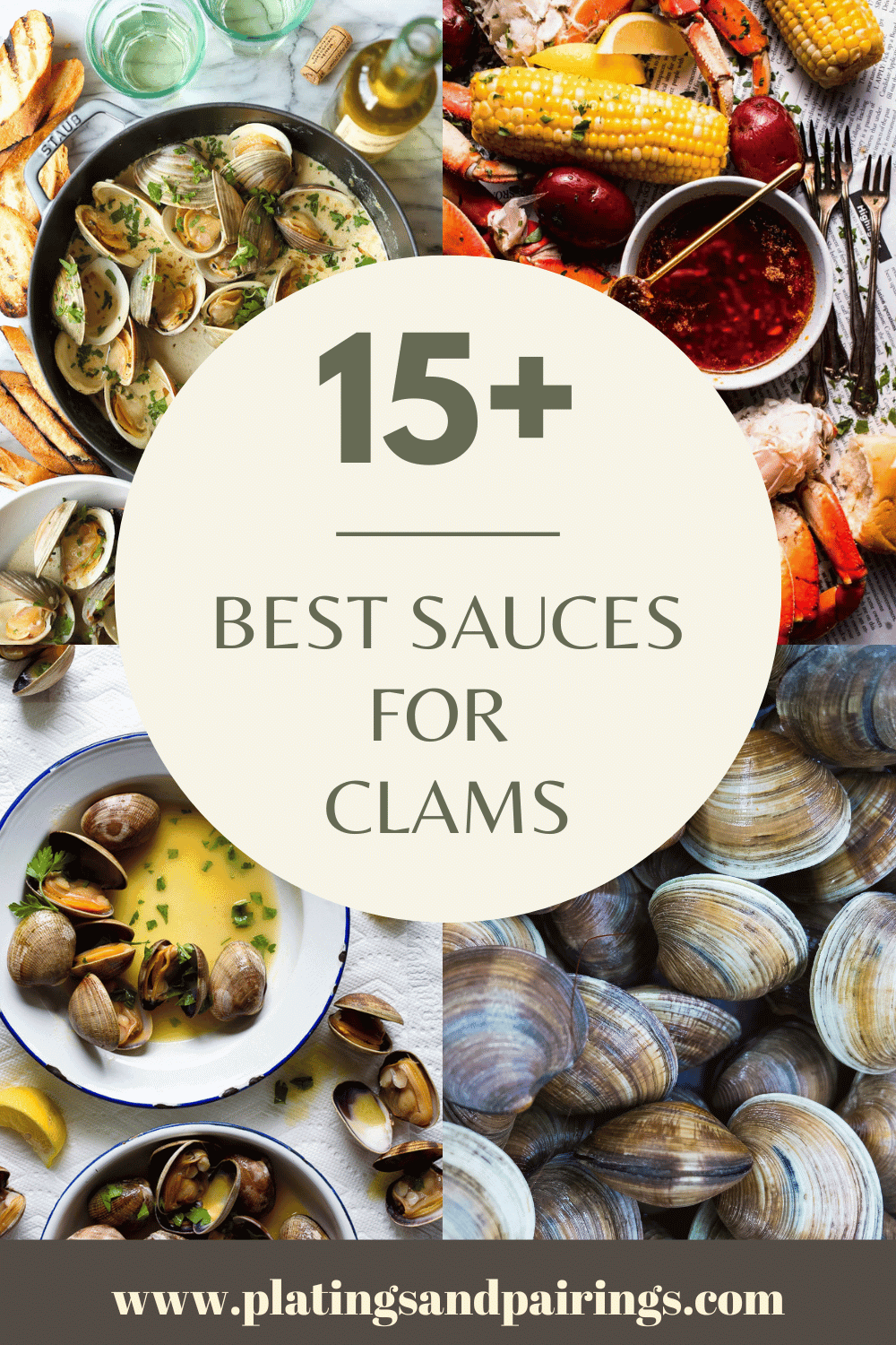 Collage of sauces for clams with text overlay.