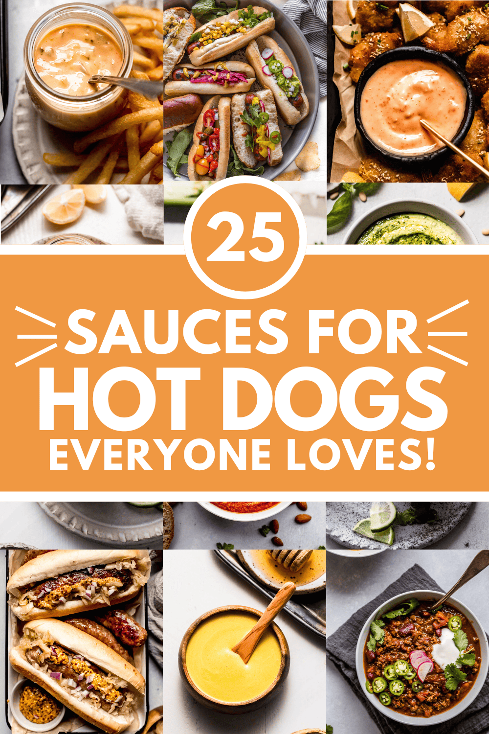 Collage of hot dog sauces with text overlay.