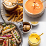 Collage of sauces for hot dogs.