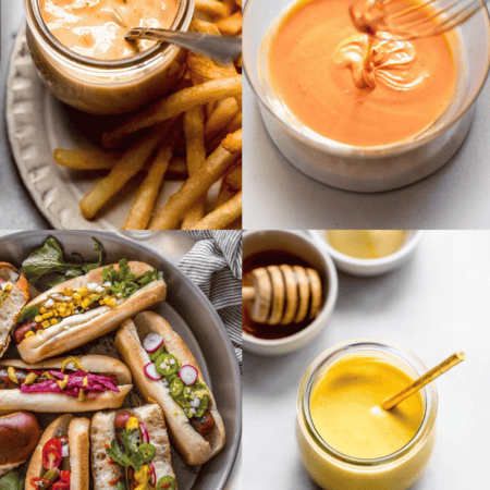 Collage of sauces for hot dogs.