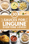 Collage of sauces for linguine with text overlay.