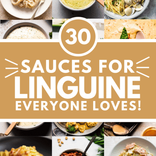 Collage of sauces for linguine with text overlay.