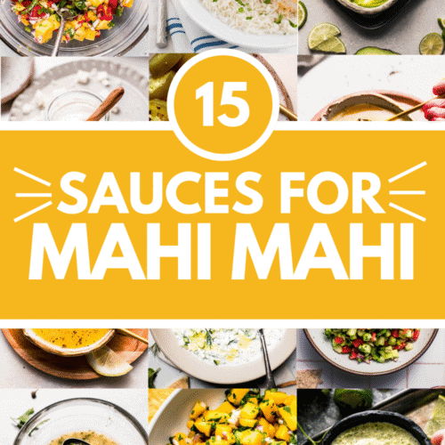 Collage of sauces for mahi mahi with text overlay.