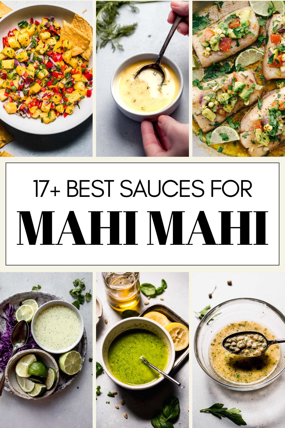 Collage of sauces for mahi mahi with text overlay.
