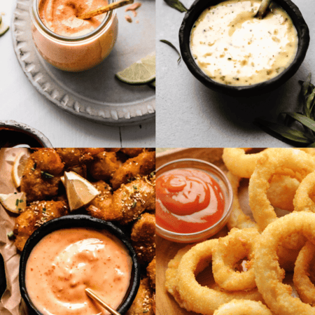 Collage of dipping sauces for onion rings.