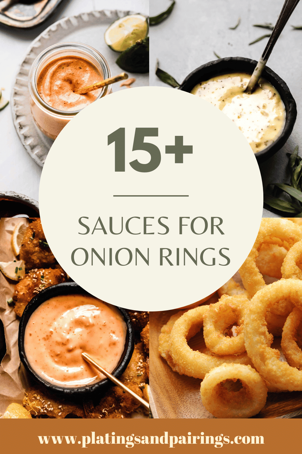 Collage of dipping sauces for onion rings with text overlay.