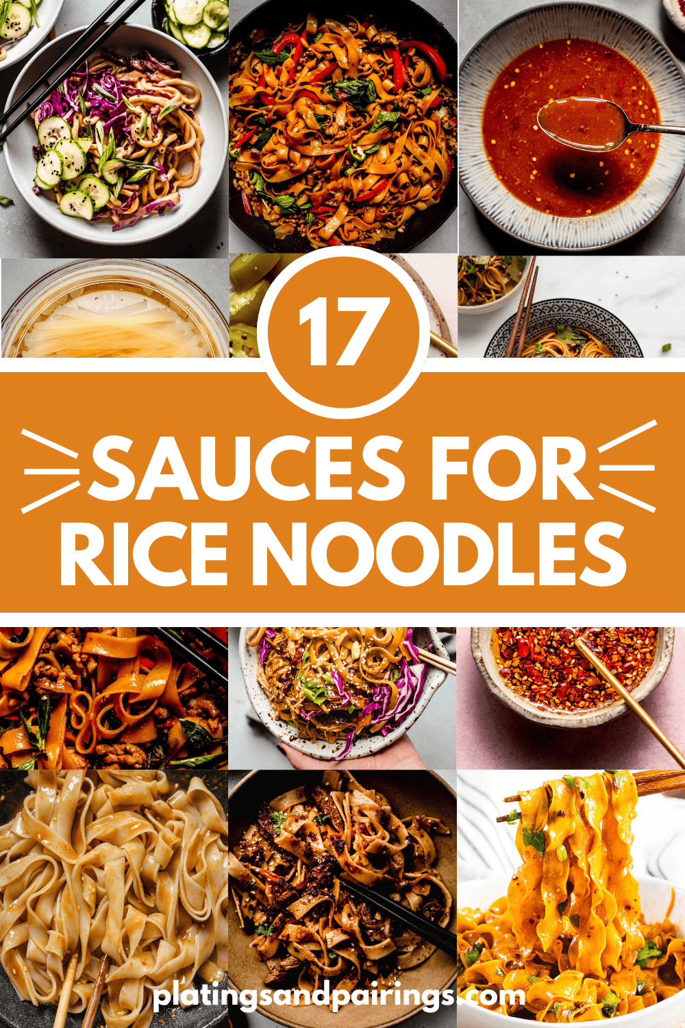 Collage of sauces for rice noodles with text overlay.