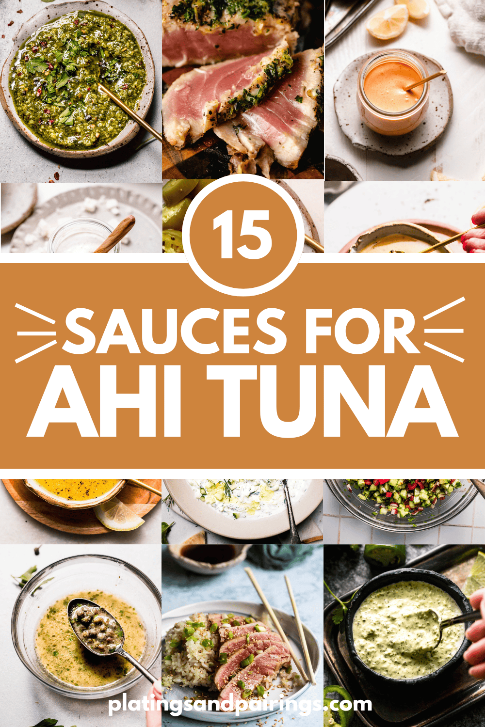 Collage of sauces for ahi tuna with text overlay.
