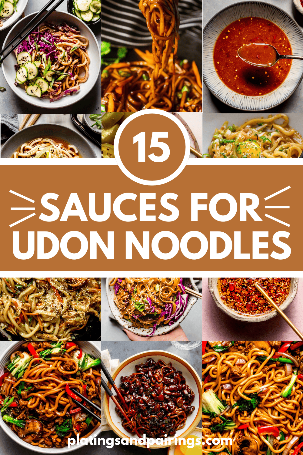 Collage of sauces for udon noodles with text overlay.