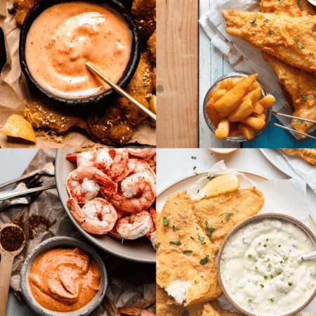 Collage of sauces for fried fish.
