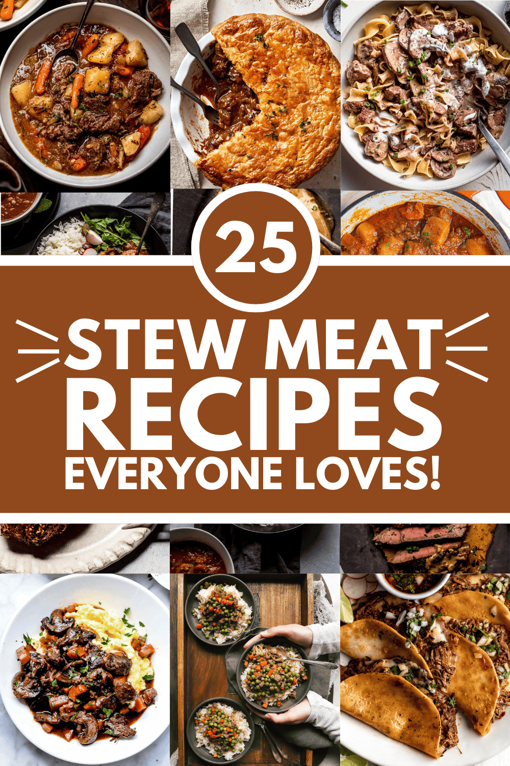 Collage of recipes that use stew meat with text overlay.