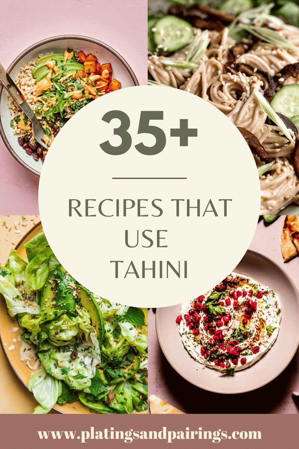 Collage of tahini recipes with text overlay.