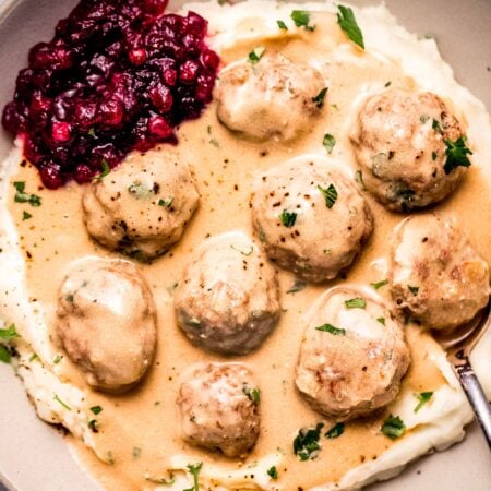 Turkey swedish meatballs in bowl with mash potatoes.