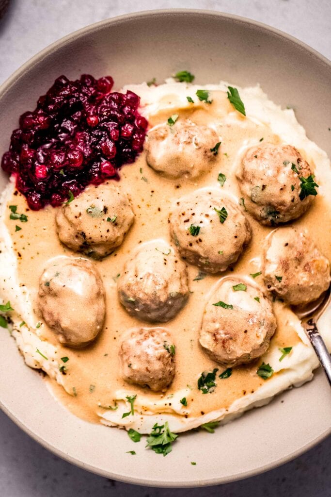 Turkey swedish meatballs in bowl with mash potatoes.