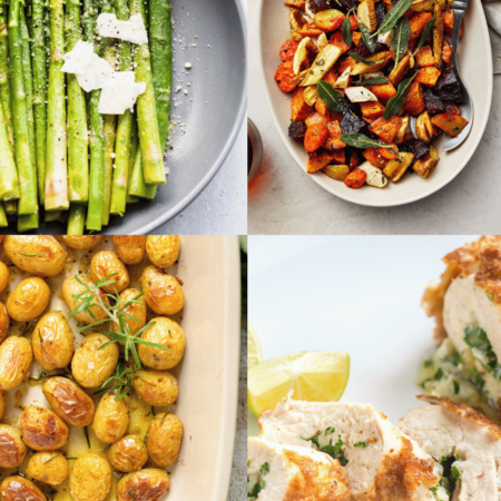 Collage of sides for chicken kiev.