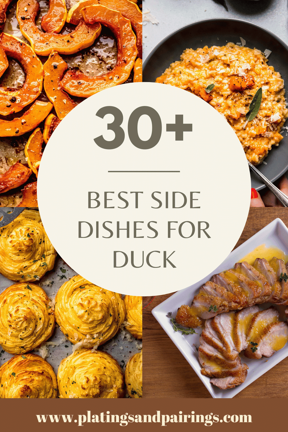 Collage of side dishes for duck with text overlay.