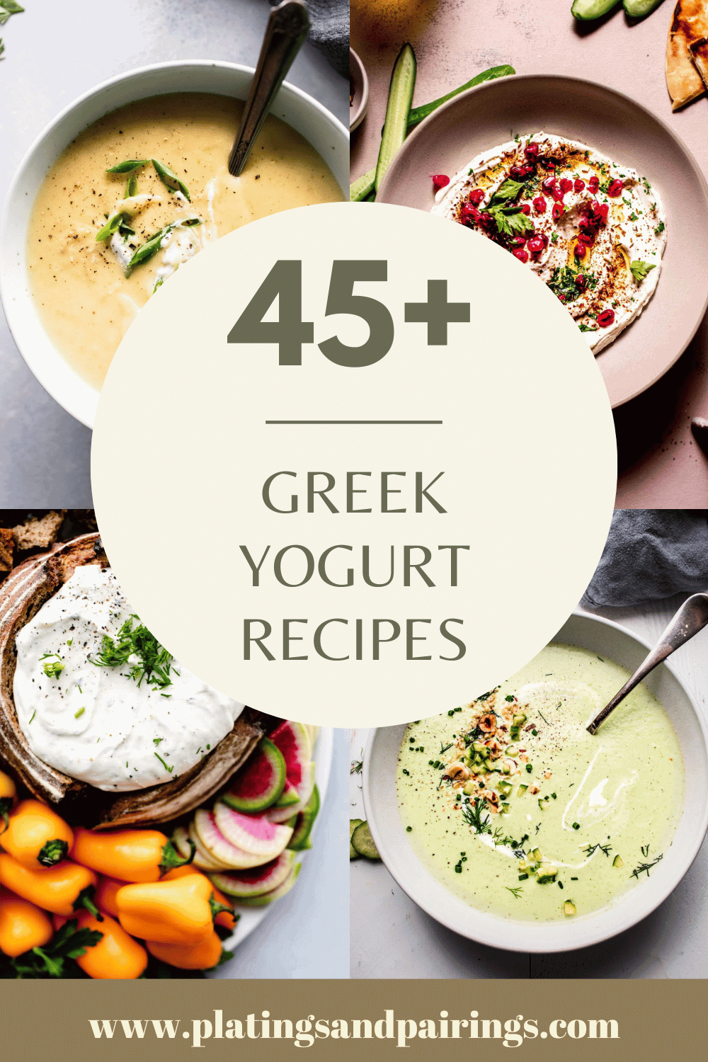 Collage of greek yogurt recipes with text overlay.