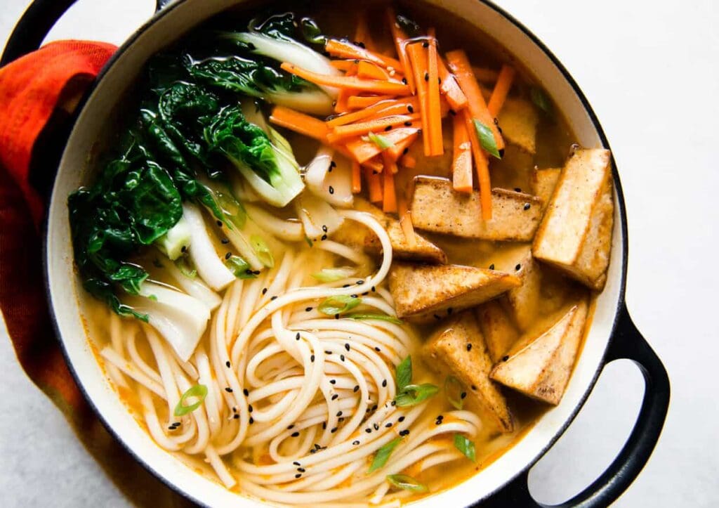 Miso Udon Noodle Soup with Teriyaki Mushrooms - The Foodie Takes Flight