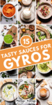Collage of sauces for gyros with text overlay.