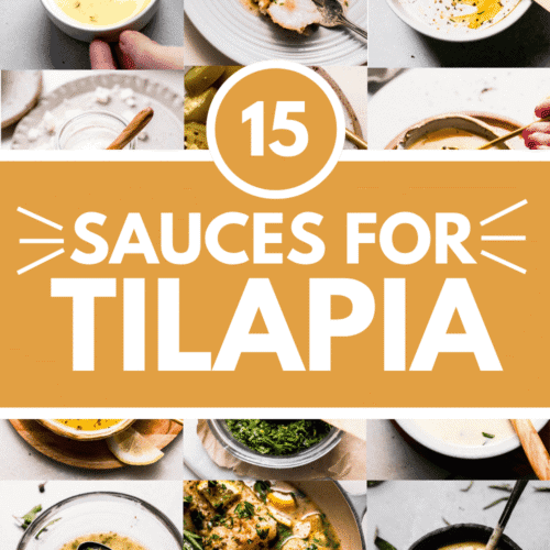 Collage of sauces for tilapia with text overlay.