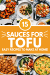 Collage of sauces for tofu with text overlay.