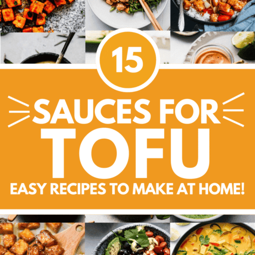 Collage of sauces for tofu with text overlay.