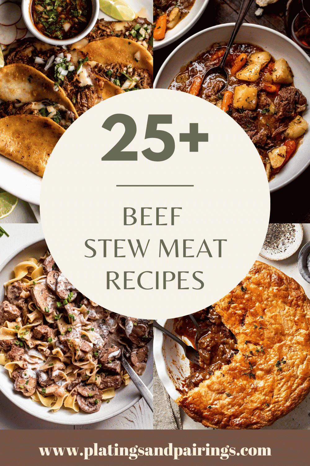 Collage of beef stew meat recipes with text overlay.