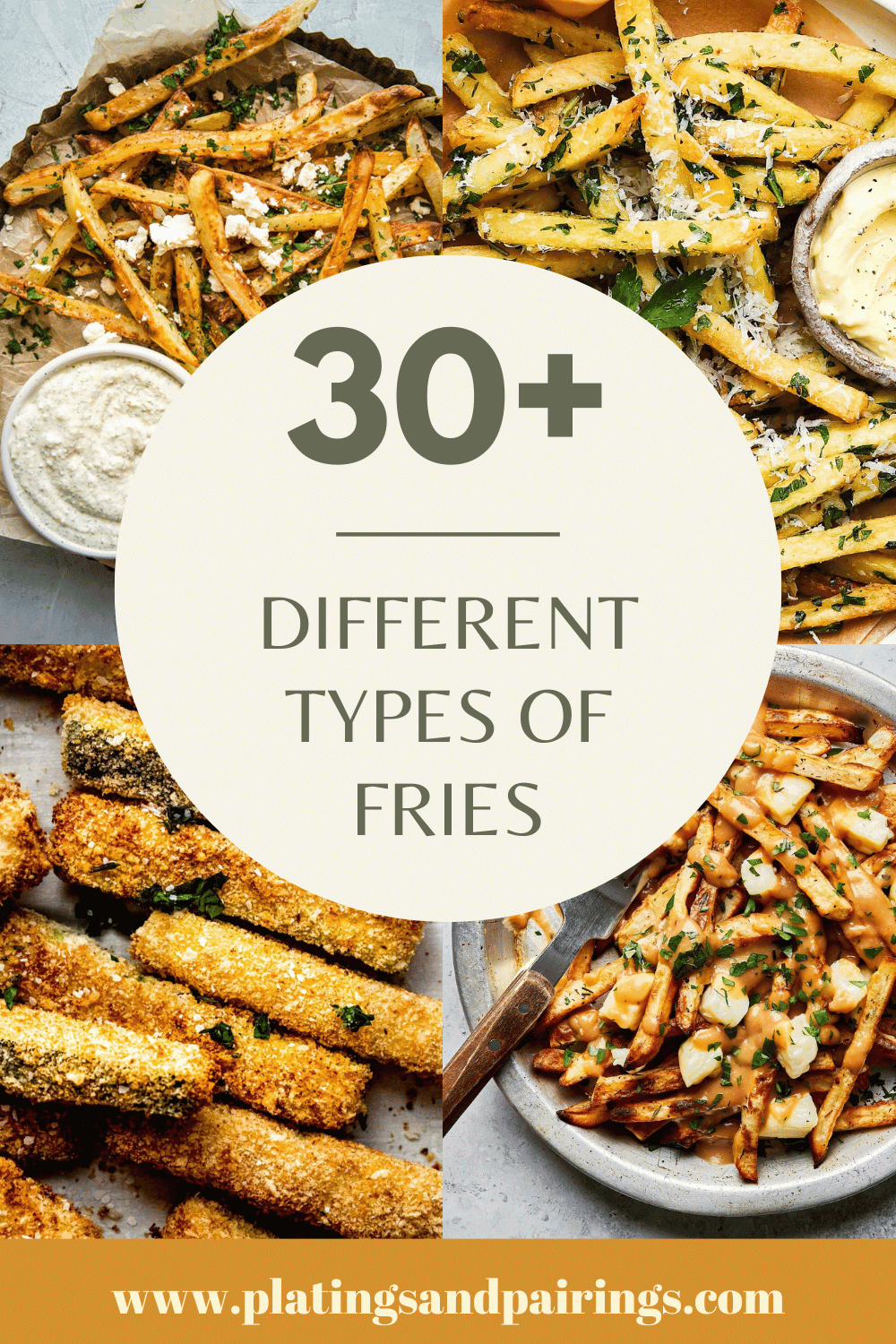 COLLAGE OF TYPES OF FRIES WITH TEXT OVERLAY.